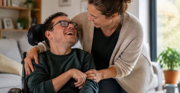 moment de convivialité entre un aidant proche et une personne en situation de handicap
