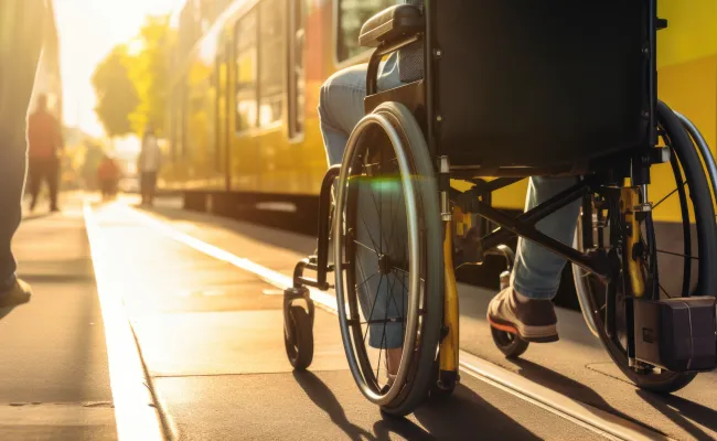 un personne à mobilité réduite devant un bus