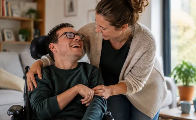 moment de convivialité entre un aidant proche et une personne en situation de handicap