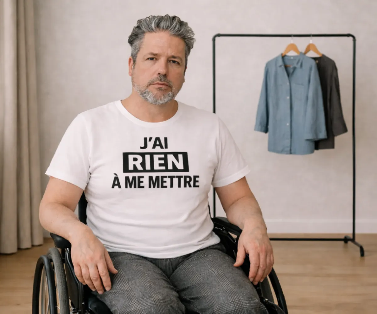 PMR en chaise roulante portant le tee-shirt "J'ai rien à me mettre"